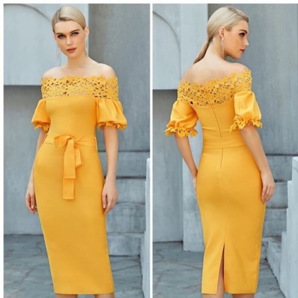 Yellow off the shoulder laser cut dress with lantern sleeves M